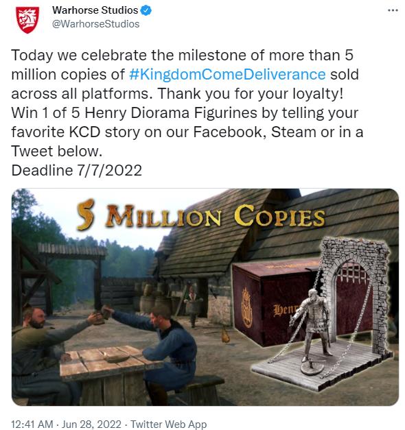 战马工作室:《天国：拯救》销量突破500万大关。