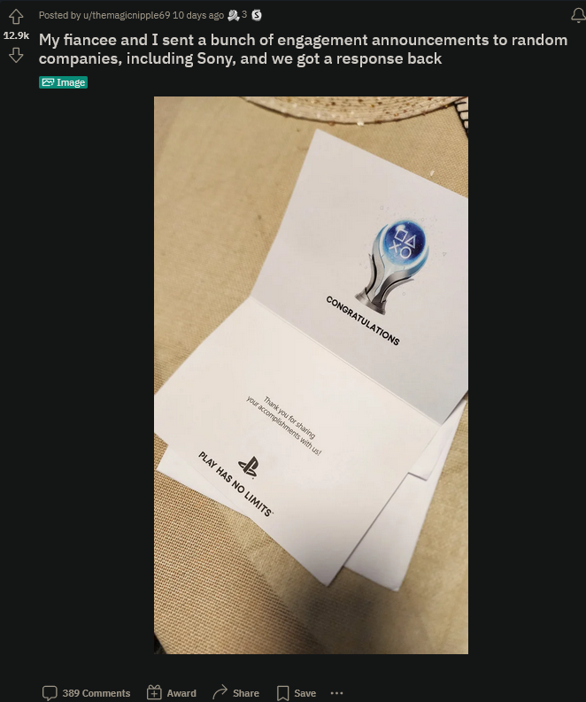 单身狗拿不到奖杯。玩家订婚，得到PlayStation的祝贺。