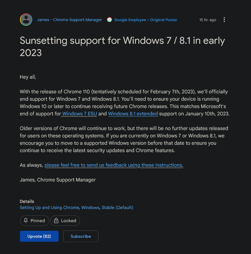 谷歌浏览器明年将停止支持Windows7系统。